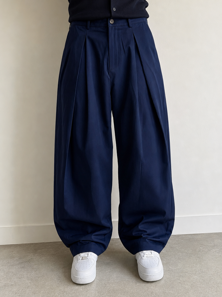 Pantaloni Pantalone Blu Navy balloon baggy fit elegante streetwear Vintage Y2K Uomo - indossata fronte
