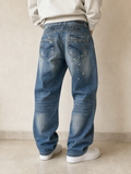 Denim Jeans Baggy Fit Light Blue Washed Embroidered Vintage Y2K Uomo (L) - indossata retro