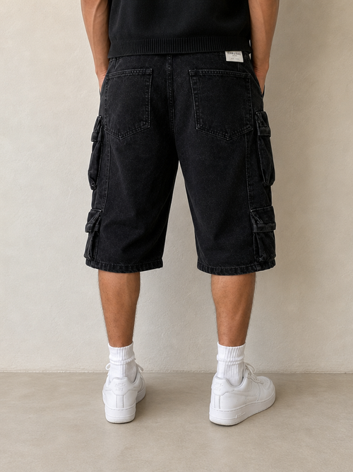 Jeans Denim Completo Denim Nero Cargo Utility Smanicato + Jorts Baggy Hip Hop Streetwear Vintage Y2K Uomo - indossata retro