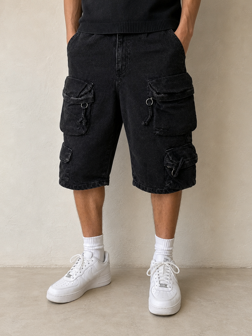 Jeans Denim Completo Denim Nero Cargo Utility Smanicato + Jorts Baggy Hip Hop Streetwear Vintage Y2K Uomo - indossata fronte