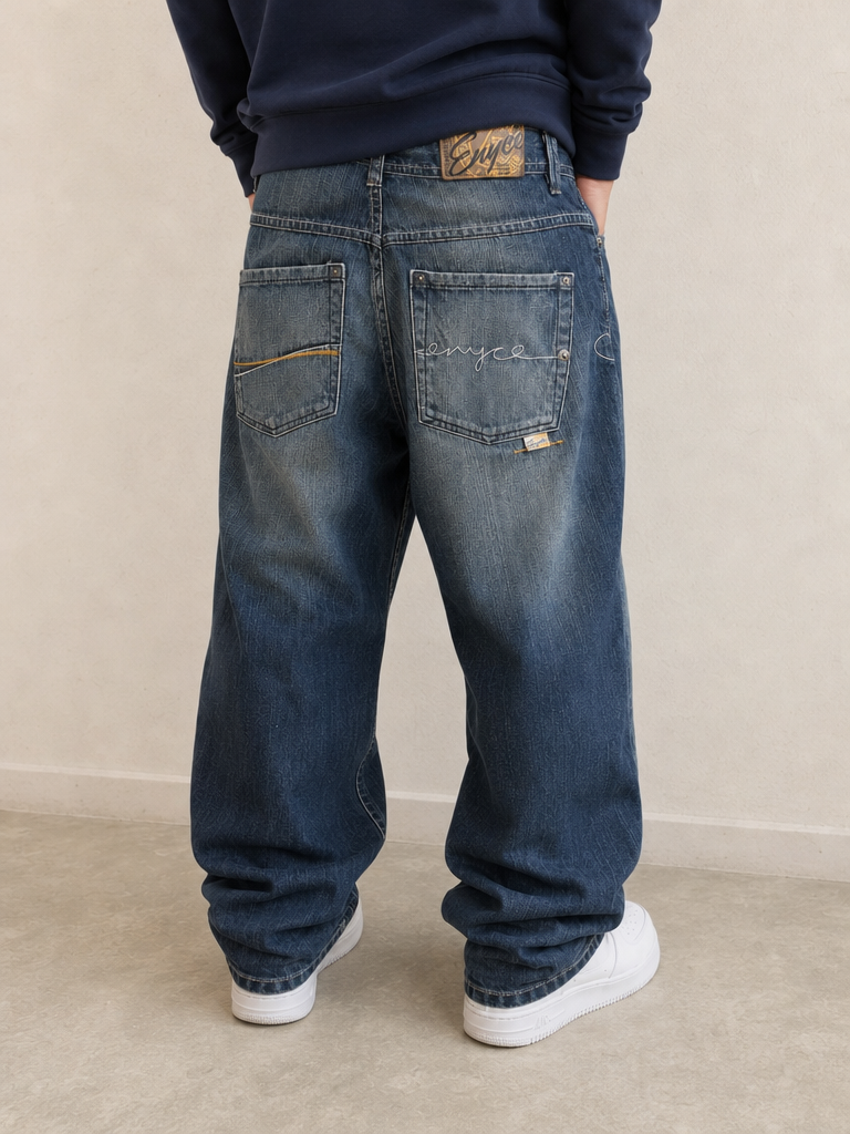 Jeans Denim Denim Baggy Fit Enyce Blu Wash Embroidered Vintage Y2K Uomo (S) - indossata retro