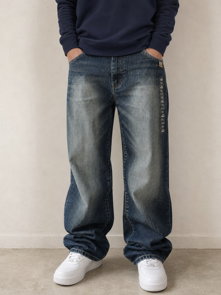 Jeans Denim Denim Baggy Fit Enyce Blu Wash Embroidered Vintage Y2K Uomo (S) - indossata fronte