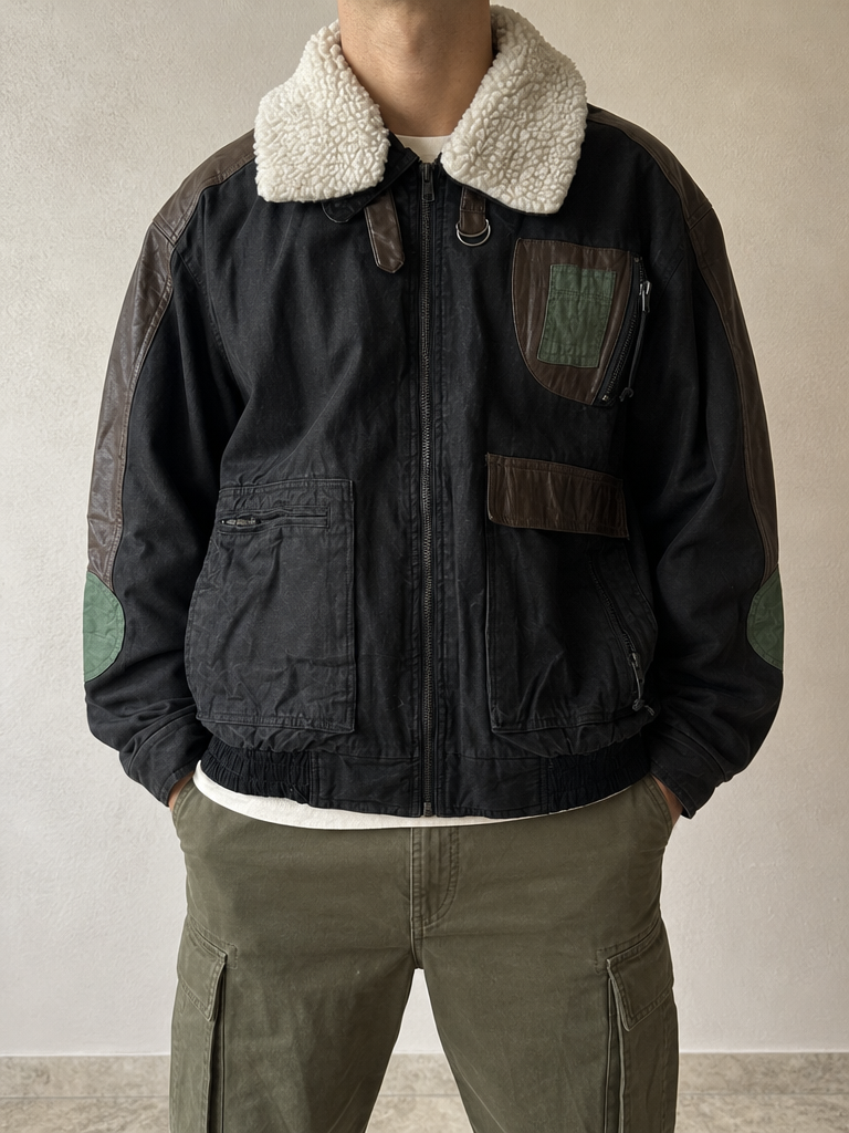Giacca Bomber Heavy Leather Jacket Con Pelliccia MultiColor Vintage Y2K Uomo (M) - indossata fronte