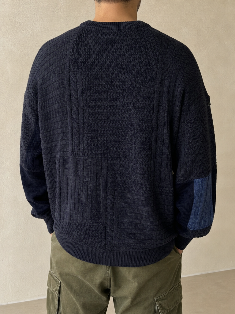 Knit Sweater 80s 90s Dark Blue - Maglione Boxy Fit Vintage Y2K Uomo (XXL) - indossata retro