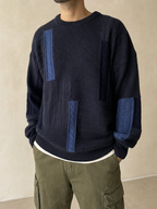 Knit Sweater 80s 90s Dark Blue - Maglione Boxy Fit Vintage Y2K Uomo (XXL) - indossata fronte
