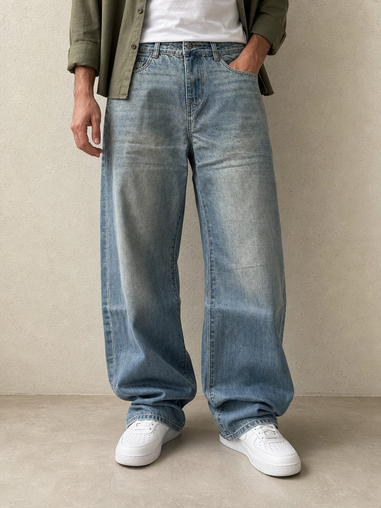 Denim Jeans Baggy Fit Blu Washed Vintage Y2K Uomo (XS) - indossata fronte