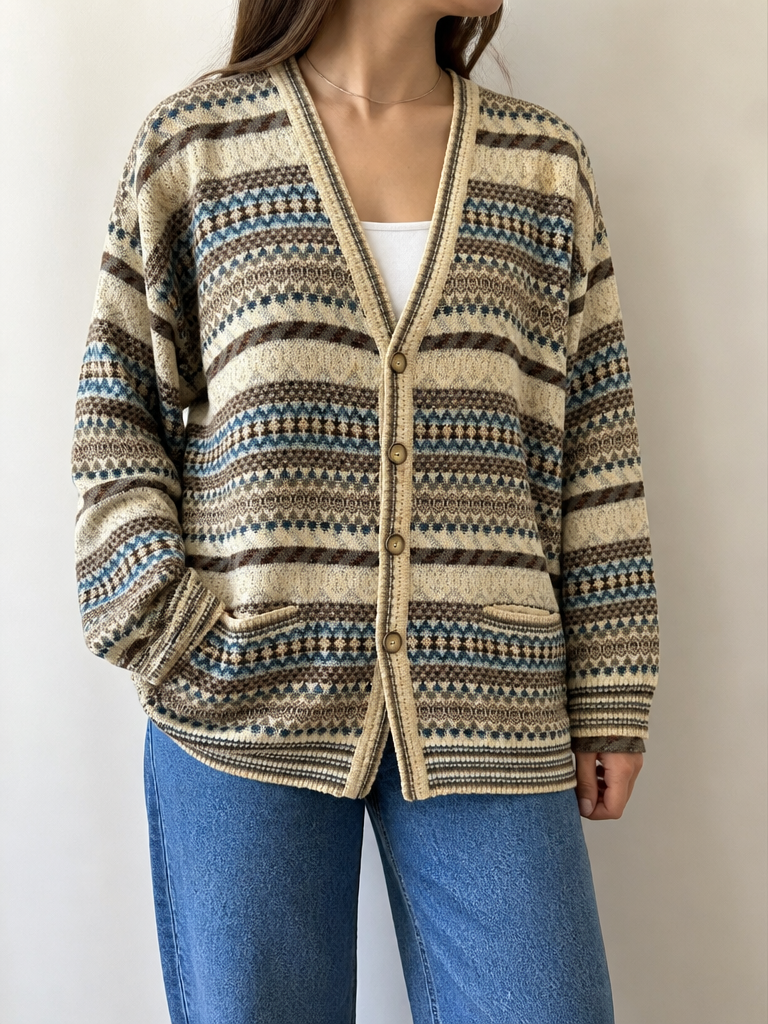 Maglieria Cardigan Malagrida Vintage Y2K Beige Righe Bottoni Tasche (M) — foto 1