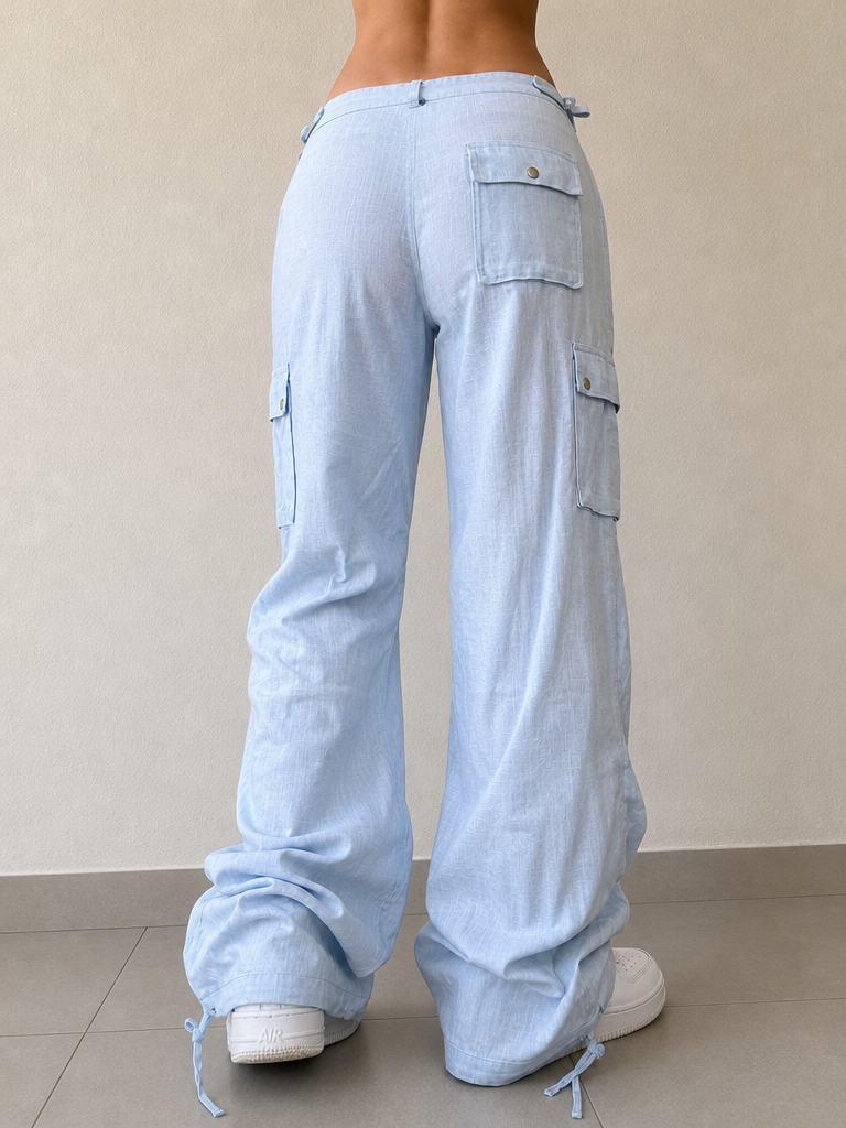 Linen Pants Baggy Fit Light Blue con Zip Low Waist - Pantaloni in Lino Super Baggy Vita Bassa Vintage Y2K Donna - indossata retro