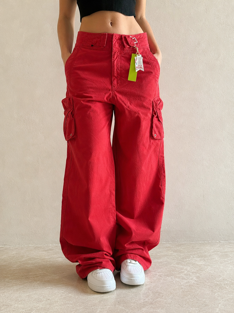 Pantaloni Pantalone Cargo Rosso Super Baggy Fit Cotton Pants Vintage Y2K Donna (XS) - indossata fronte