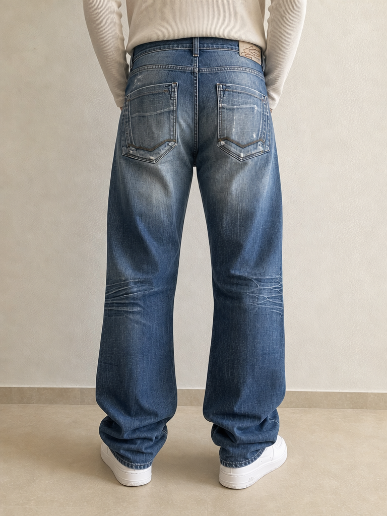 Denim Jeans Baggy Fit Energie Particular Wash Straight / Baggy Fit Vintage Y2K Uomo (L) - indossata retro