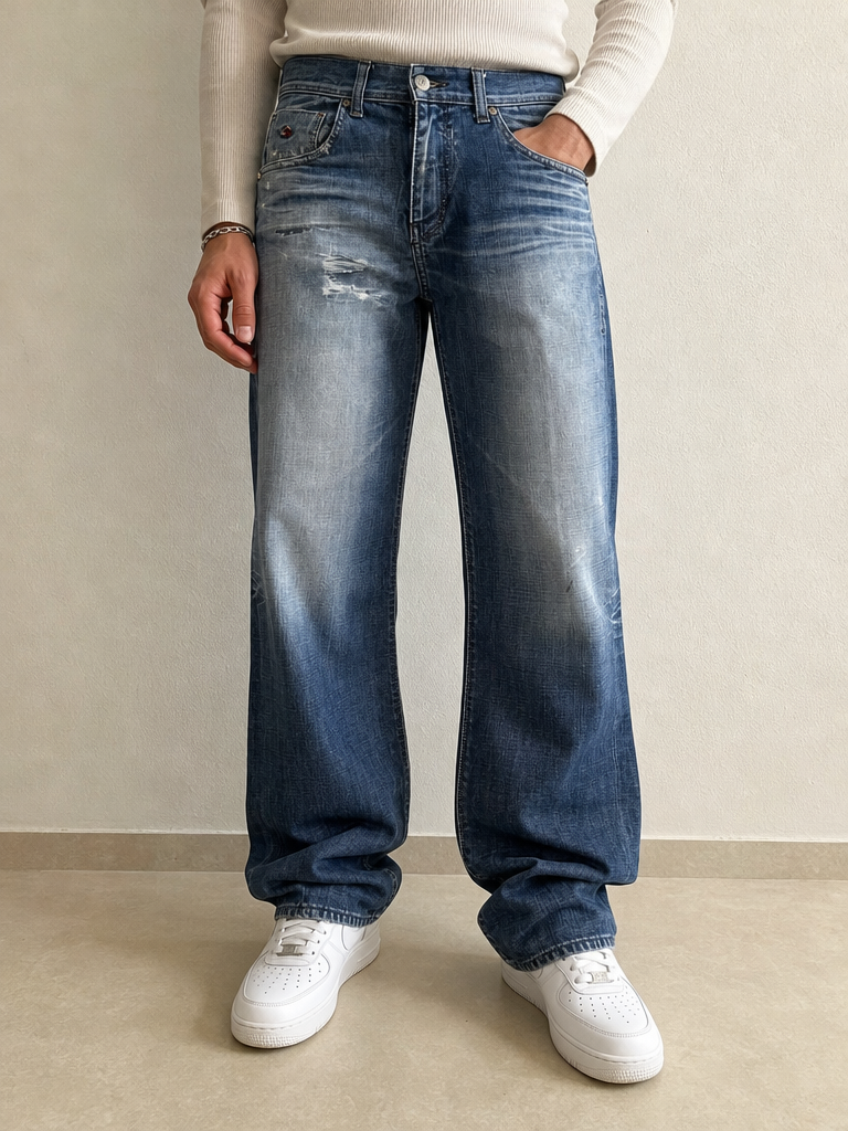 Denim Jeans Baggy Fit Energie Particular Wash Straight / Baggy Fit Vintage Y2K Uomo (L) - indossata fronte