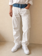 Denim Jeans White Bicolor Straight Fit Low Waist Vintage Y2K (XS) - indossata fronte