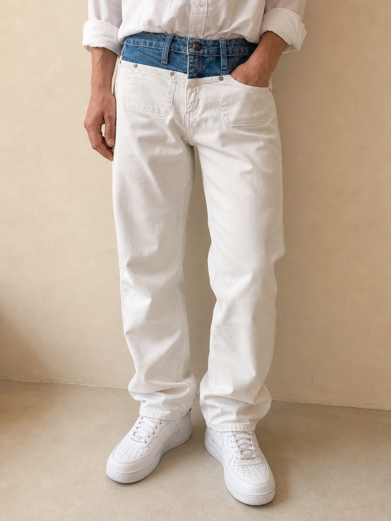 Denim Jeans White Bicolor Straight Fit Low Waist Vintage Y2K (XS) - indossata fronte