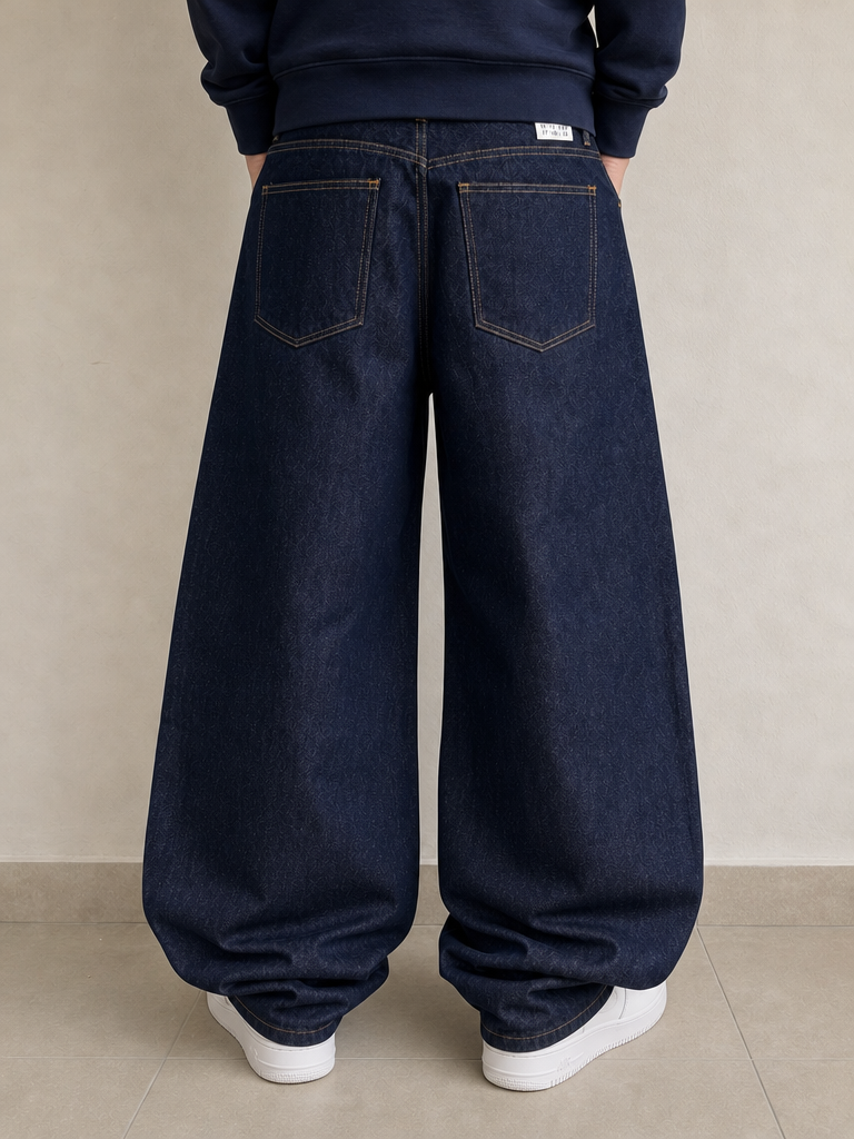 Raw Denim Jeans Dark Blue Super Baggy Balloon Particulare Hip-Hop Vintage Y2K Uomo - indossata retro