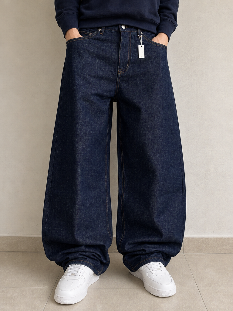 Raw Denim Jeans Dark Blue Super Baggy Balloon Particulare Hip-Hop Vintage Y2K Uomo - indossata fronte