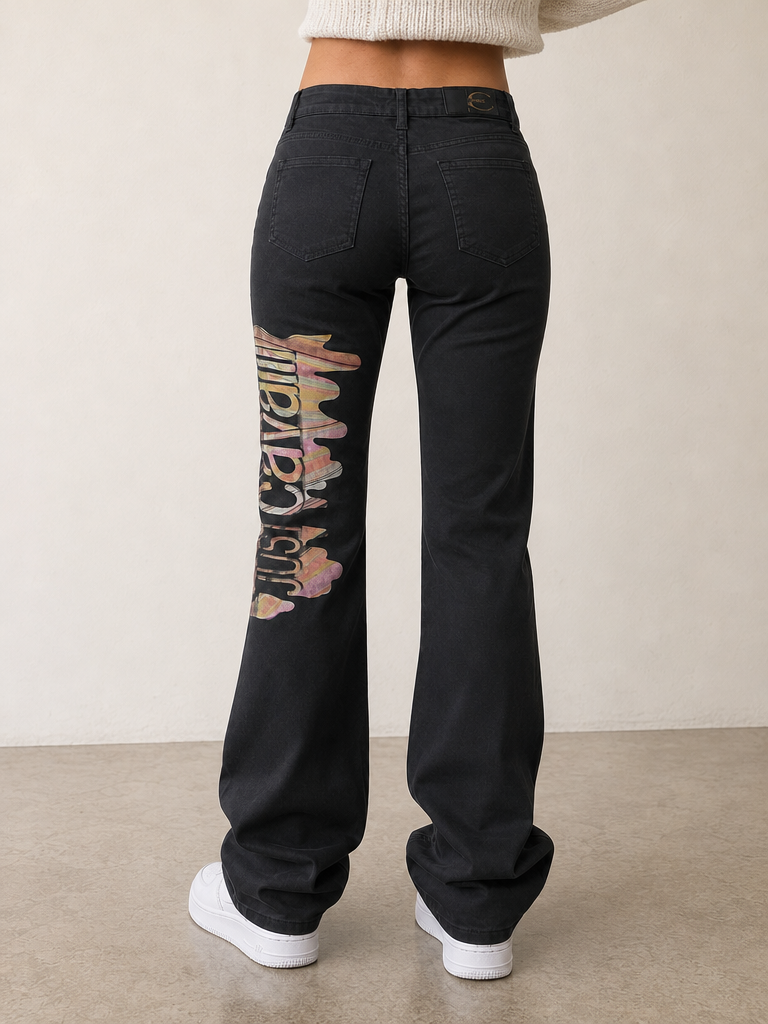 Pantaloni Pants Just Cavalli BootCut Flare Fit Low Waist Printed Japan Style Vintage Y2K Donna (S) - indossata retro