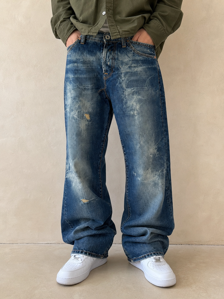 Denim Energie Washed Jeans Particular Super Baggy Fit Hip-Hop Vintage Y2K Uomo (M) - indossata fronte