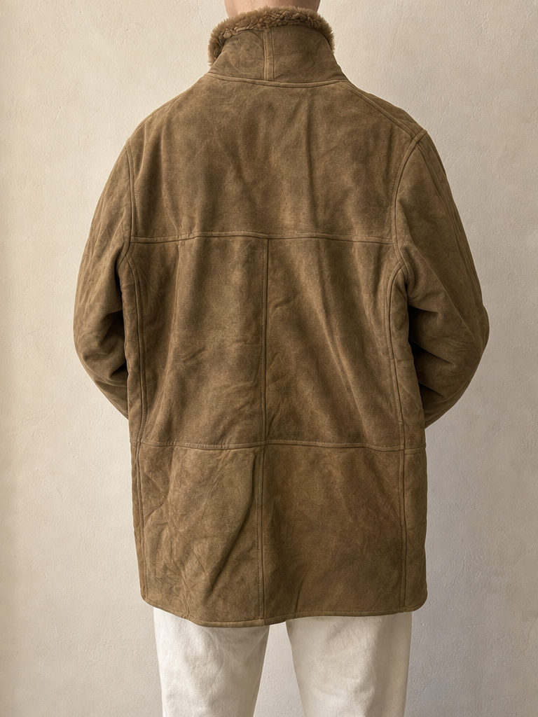 Giacca Montone in Vera Pelle di Renna Marrone Lungo con Pelliccia Vintage Y2K (XL) - indossata retro