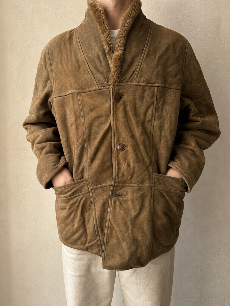 Giacca Montone in Vera Pelle di Renna Marrone Lungo con Pelliccia Vintage Y2K (XL) - indossata fronte