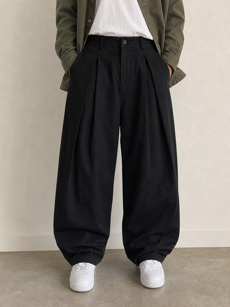 Pantaloni Pantalone nero balloon baggy fit elegante streetwear Vintage Y2K Uomo - indossata fronte