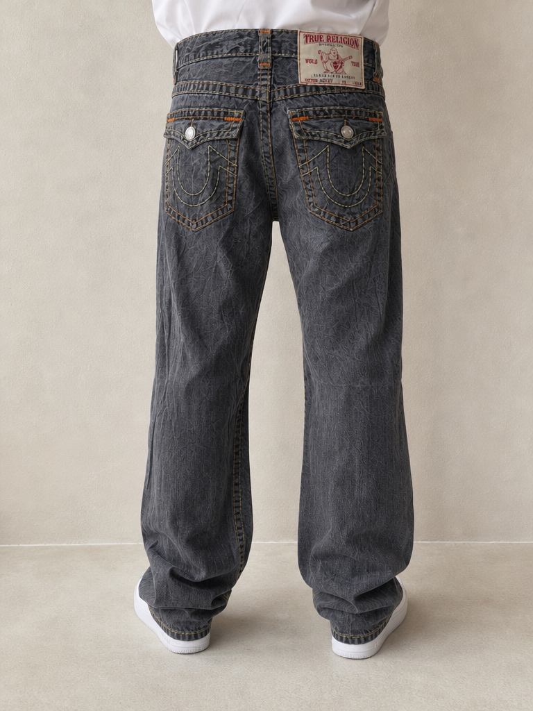 True Religion Jeans Grigio Scuro Cuciture Multicolor Vintage Y2K (L) - indossata retro