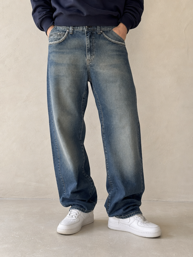 Denim Jeans Stone Wash Baggy Fit Straight Particular Piece Vintage Y2K Uomo (L) - indossata fronte