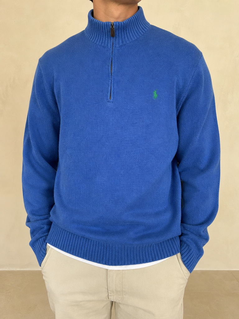 Ralph Lauren 1/4 Zip Sweater - Maglione Ralph Lauren Mezza Zip Dolcevita Blu Vintage Y2K Uomo (M) - indossata fronte