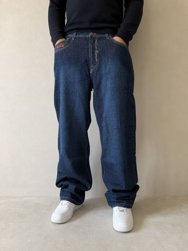 Denim Jeans Enyce Blu Wash Baggy Fit Vintage Y2K Uomo (XXL) - indossata fronte