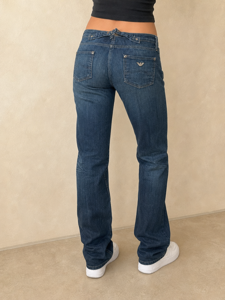 Denim Jeans Armani Blu Wash Low Waist con Cinturino Posteriore Vintage Y2K Donna (S) - indossata retro