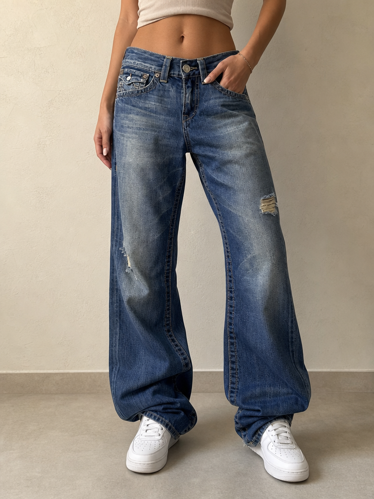 Denim Jeans True Religion Washed Baggy Fit Vintage Y2K Donna (M) - indossata fronte