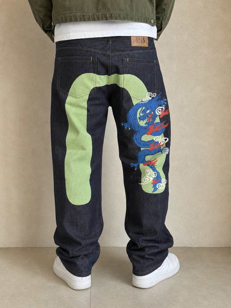 Denim Jeans Evisu Printed Dragon Particular Japanese Style Vintage Y2K Uomo (L (W34)) - indossata retro