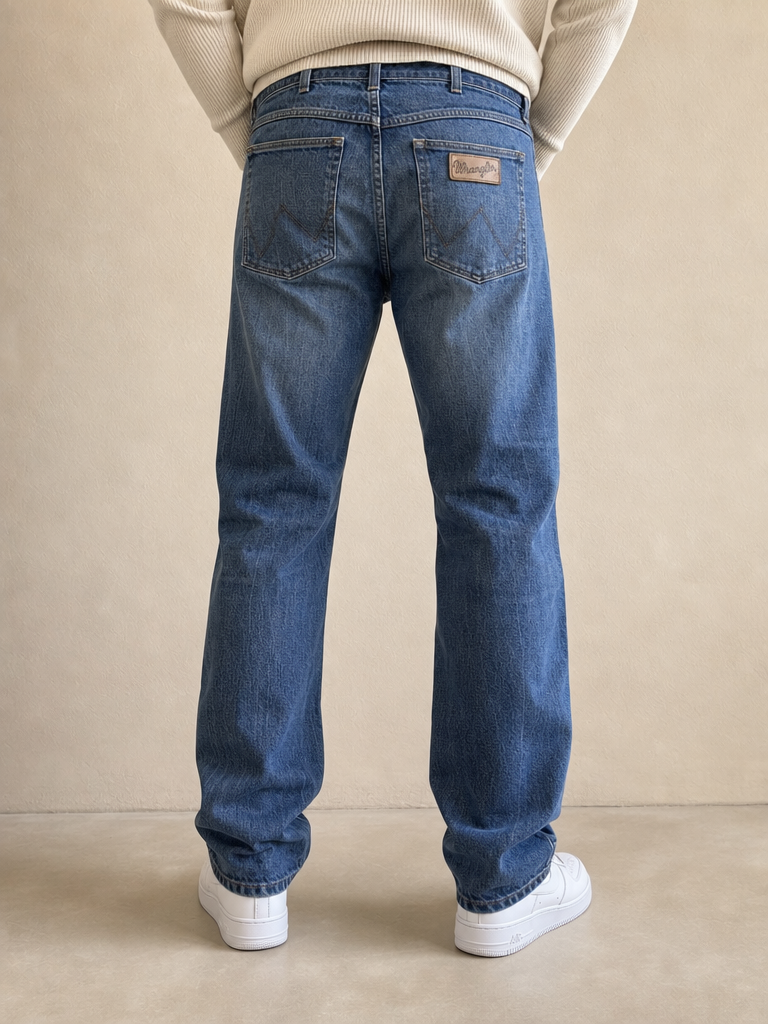 Denim Jeans Wrangler Straight Fit Blu Vintage Y2K Uomo (L) - indossata retro