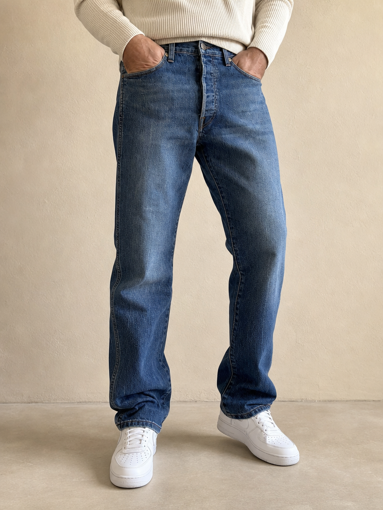 Denim Jeans Wrangler Straight Fit Blu Vintage Y2K Uomo (L) - indossata fronte