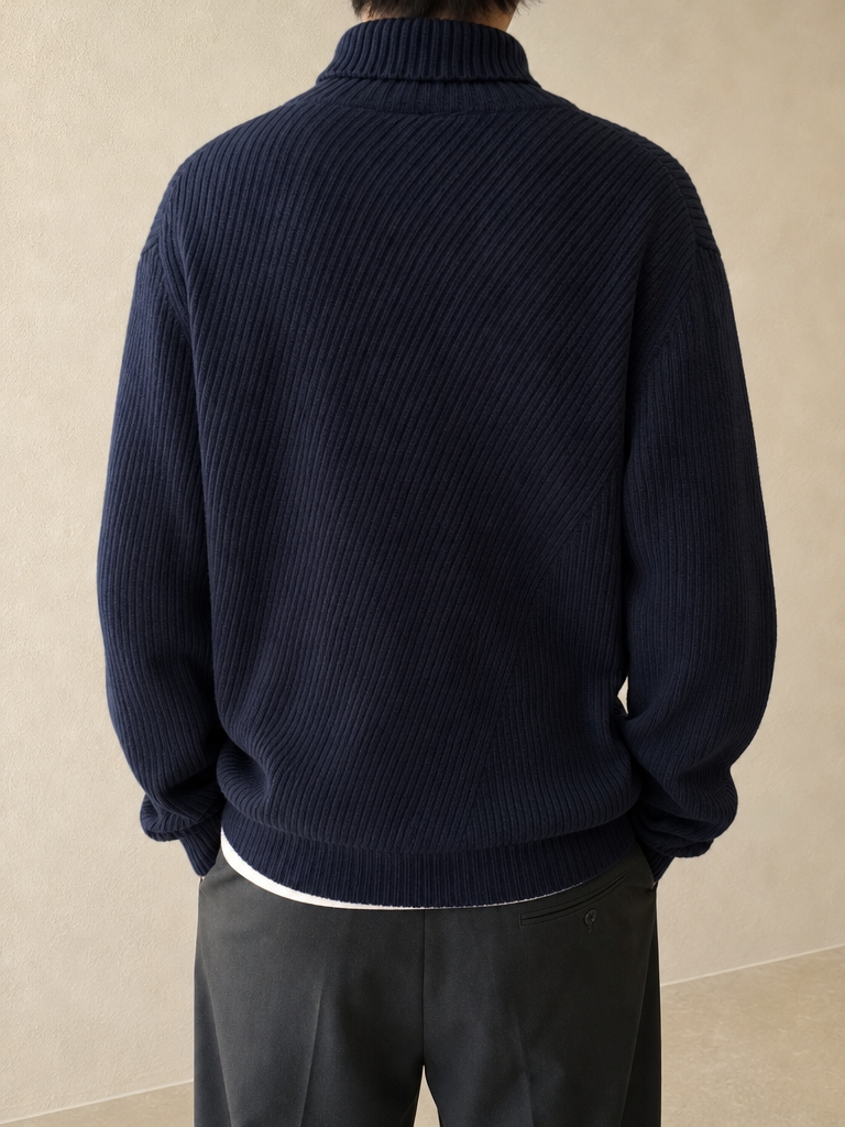 Maglione Lacoste a coste collo alto blu scuro logo ricamato Vintage Y2K - indossata retro
