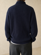 Maglione Lacoste a coste collo alto blu scuro logo ricamato Vintage Y2K - indossata retro