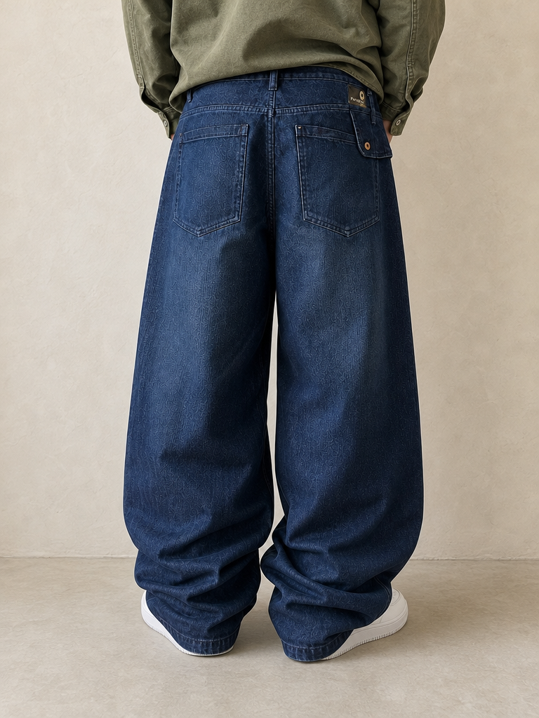 Forplay Denim Jeans Baggy Fit Dark Blue Hip-Hop Vintage Y2K Uomo - indossata retro
