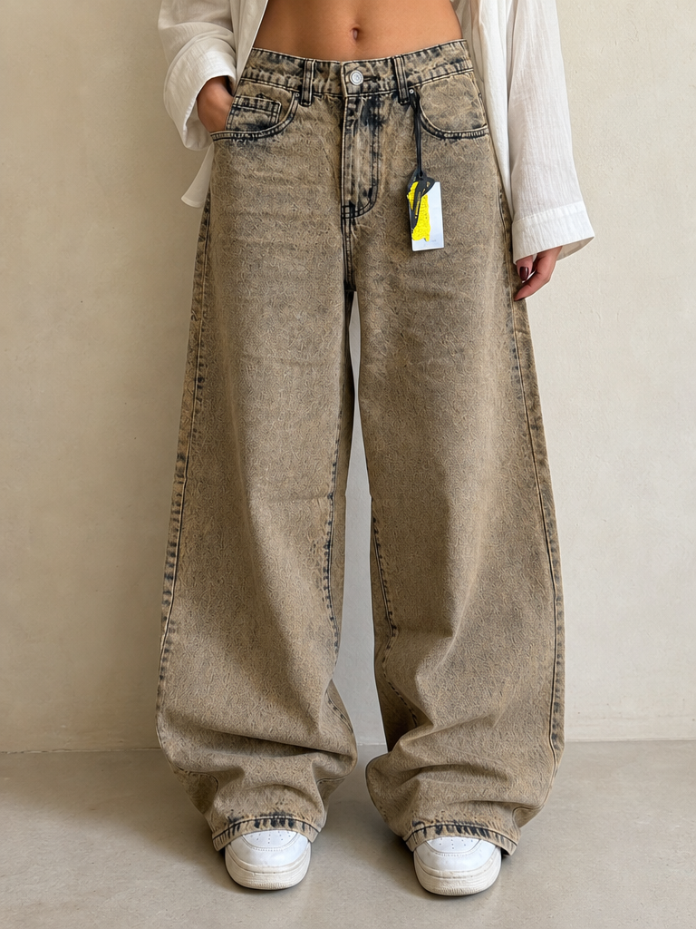 Denim Jeans Washed Particular Baggy Fit Hip-Hop Rave Vintage Y2K Donna - indossata fronte