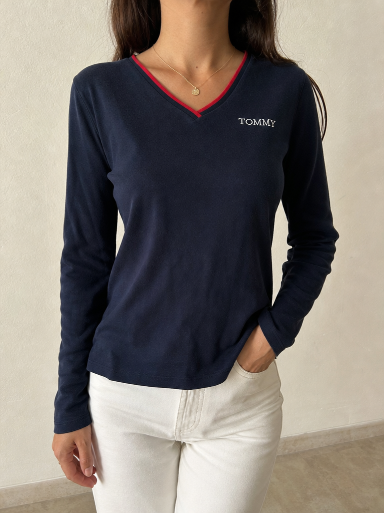 Maglione Pullover con Scollo a V Tommy Hilfiger Vintage Y2K Donna (S) - indossata fronte