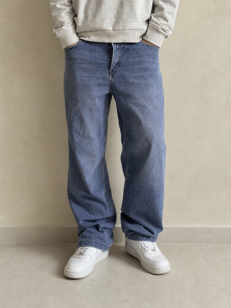 Jeans a gamba larga Tonnotto Blu slavato Vintage Y2K Uomo (XL) - indossata fronte