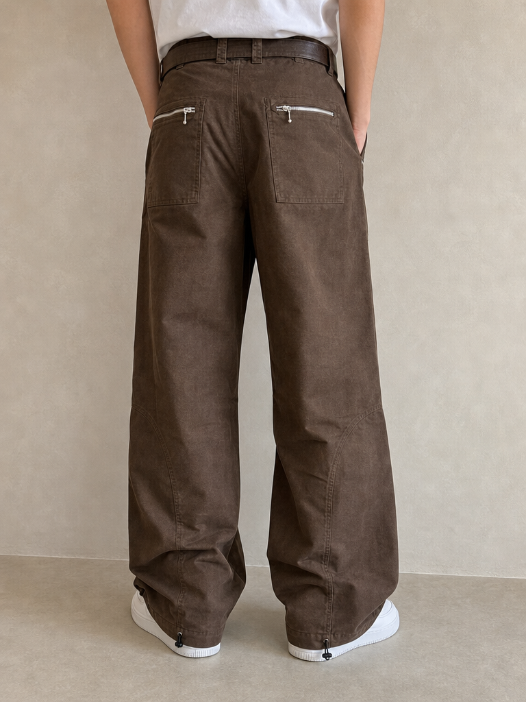 Pantaloni Pantalone in Cotone Baggy Fit con Cintura Marrone con Zip Vintage Y2K (S) - indossata retro