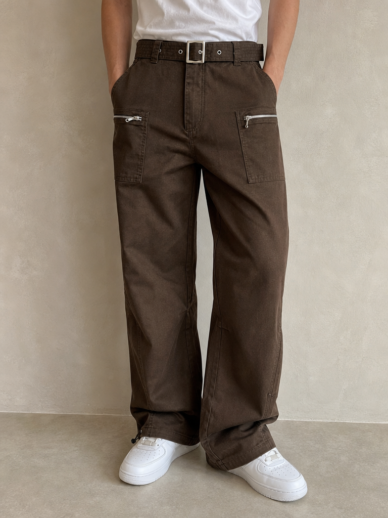 Pantaloni Pantalone in Cotone Baggy Fit con Cintura Marrone con Zip Vintage Y2K (S) - indossata fronte