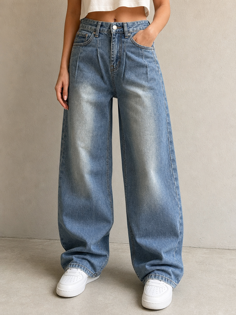 Denim Jeans Washed Blue Baggy Fit Vintage Y2K Donna (XS) - indossata fronte