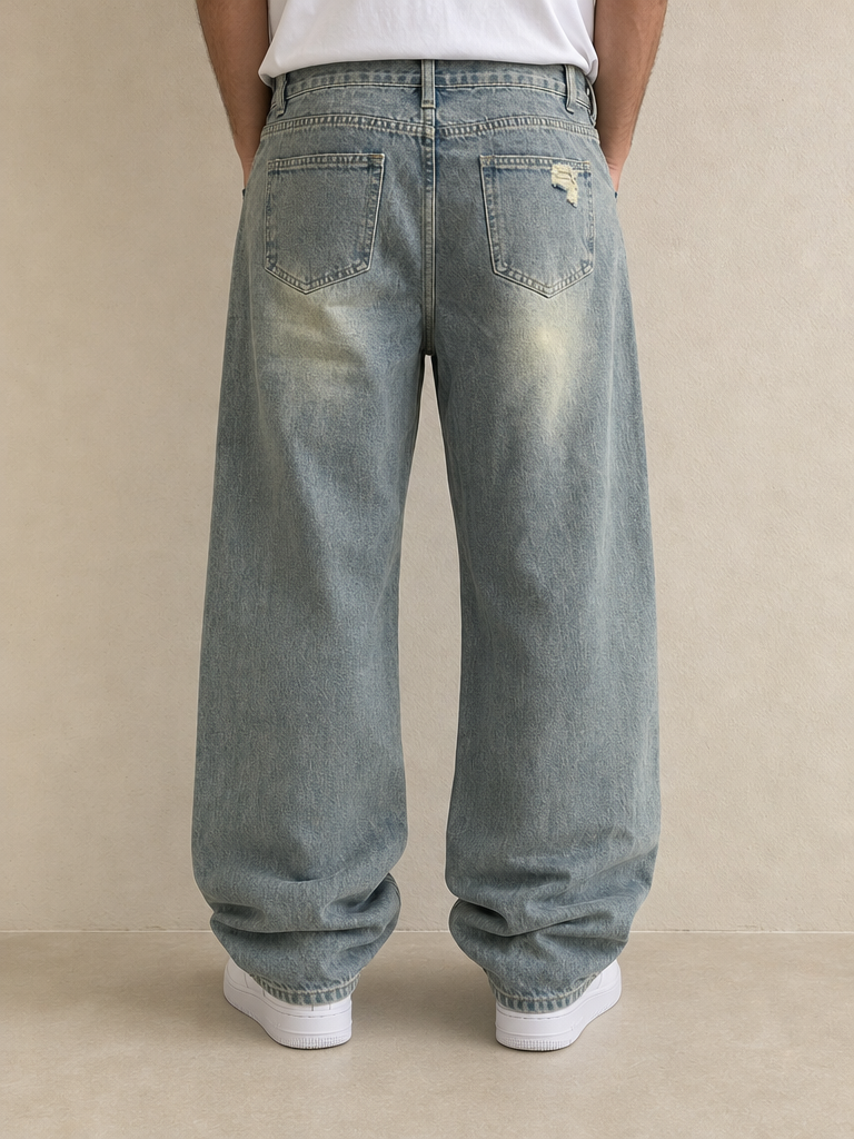 Denim Jeans Stone Wash Rotture Baggy Fit Vintage Y2K Uomo (S) - indossata retro