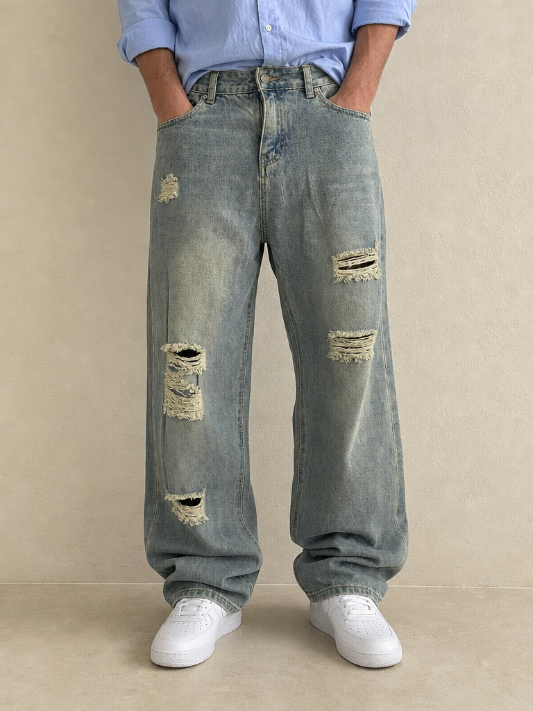 Denim Jeans Stone Wash Rotture Baggy Fit Vintage Y2K Uomo (S) - indossata fronte