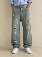 Denim Jeans Stone Wash Rotture Baggy Fit Vintage Y2K Uomo (S) - indossata fronte