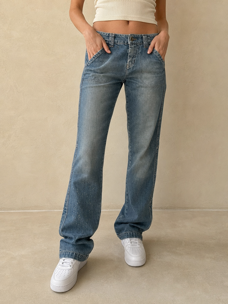 Jeans Denim Denim Lee Straight Fit con Brillantini Stone Wash Vintage Y2K Donna (S) - indossata fronte