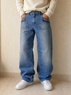 Denim Wrangler Jeans Baggy Fit Light Blue Vintage Y2K Uomo (S) - indossata fronte
