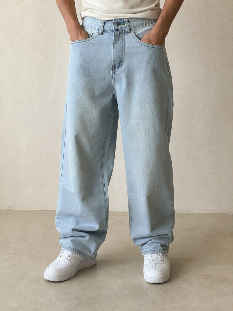 Denim Jeans Baggy Fit Light Blue Vintage Y2K Uomo (XXS) - indossata fronte