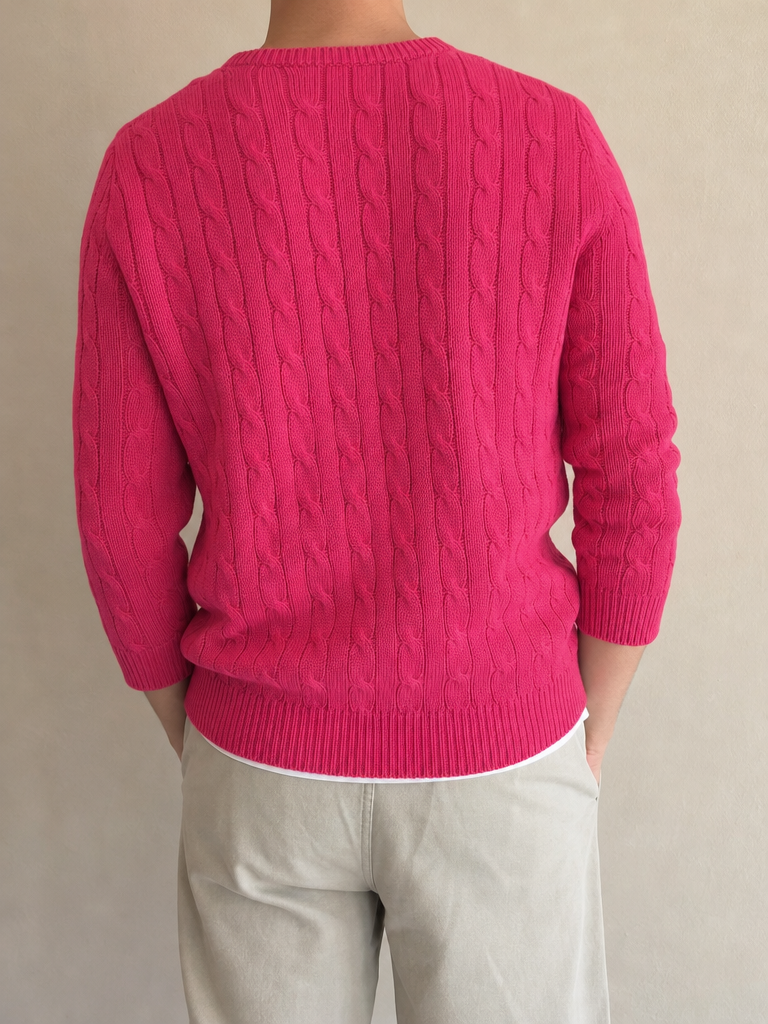 Maglia lunga Ralph Lauren a trecce rosa fucsia Vintage Y2K (M) - indossata retro