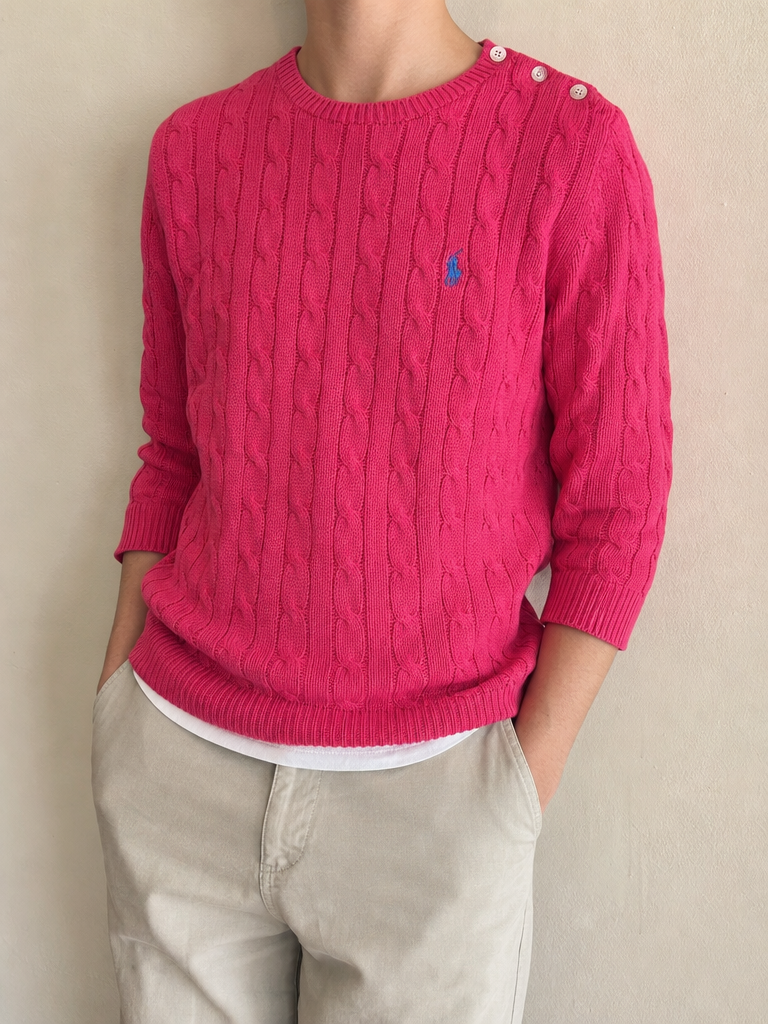 Maglia lunga Ralph Lauren a trecce rosa fucsia Vintage Y2K (M) - indossata fronte